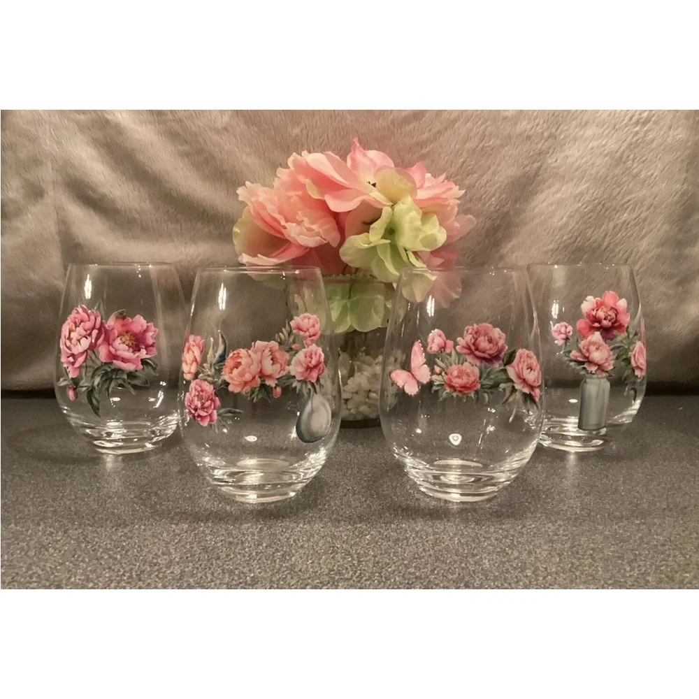 Wine Glasses Stemless Cottagecore Hand Decorated Set Of 4 Floral Peony & Roses